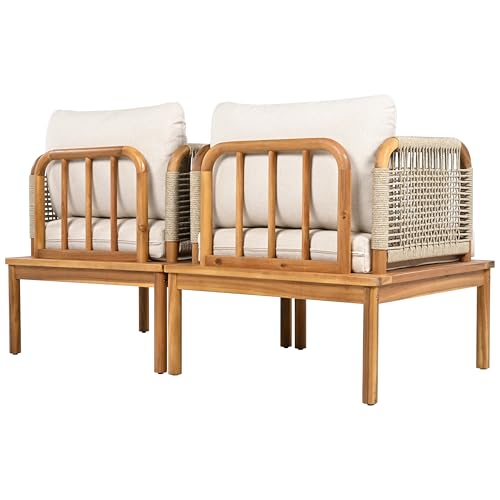 Coby Acacia Wood Patio Accent Chair Set of 2, Acacia Wood Outdoor Club Chair with Cushion, Patio Furniture Set, Teak+Beige