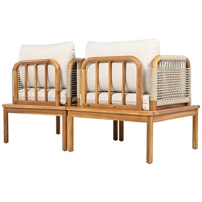 Coby Acacia Wood Patio Accent Chair Set of 2, Acacia Wood Outdoor Club Chair with Cushion, Patio Furniture Set, Teak+Beige