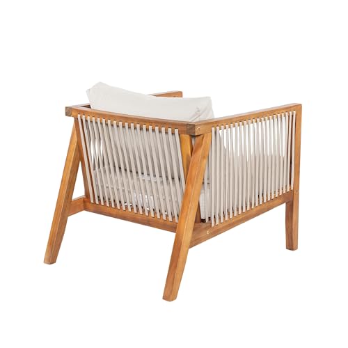 Silas Acacia Wood Lounge Chair Outdoor with Removable Cushion, Wooden Patio Accent Chair with Woven Rope Details, Outdoor Armchair for Patio Furniture Set, Teak+Beige