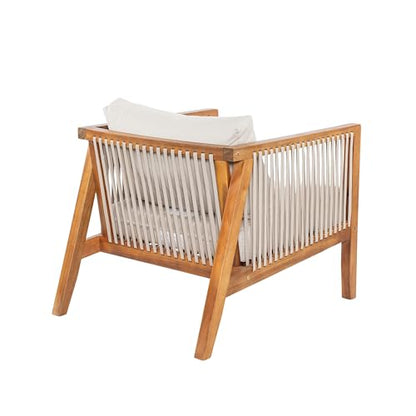 Silas Acacia Wood Lounge Chair Outdoor with Removable Cushion, Wooden Patio Accent Chair with Woven Rope Details, Outdoor Armchair for Patio Furniture Set, Teak+Beige