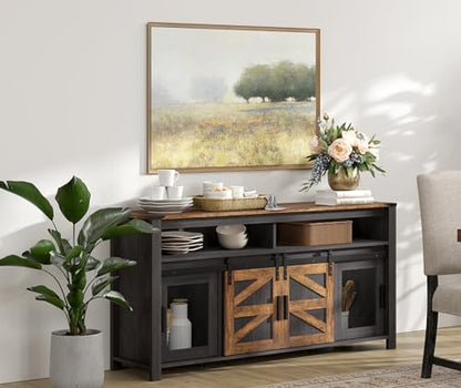 Farmhouse Buffet Cabinet, Rustic Sideboard with Sliding Barn Doors, 59" Coffee Bar Storage Cabinet with Mesh Doors, Cupboard Table for Kitchen, Dining Room, Living Room，Antique Black & Brown