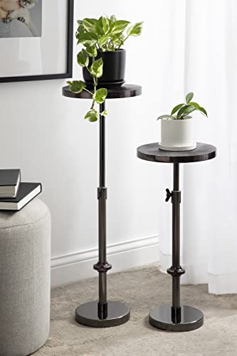 Engles Transitional Adjustable-Height Pedestal Drink Table; 10 x 10 x 30; Gray Gunmetal; Vintage Round Indoor Metal Plant Stand with Embossed Sunburst Pattern
