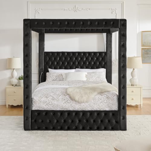 RuiSiSi King Canopy Bed Frame with Button Tufted Headboard, view 5