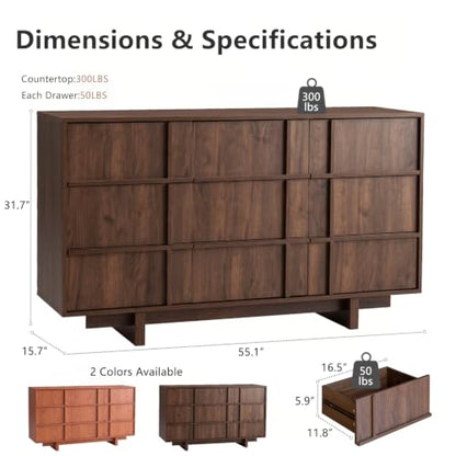 55" Wide 9 Drawer Dresser for Bedroom, Skeleton Line Design, view 3