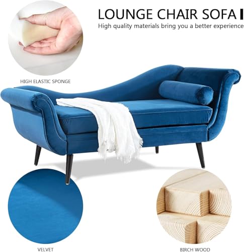 68" Blue Velvet Chaise Lounge Chair, Vintage Scroll Arm & Wave Back Sofa, view 4