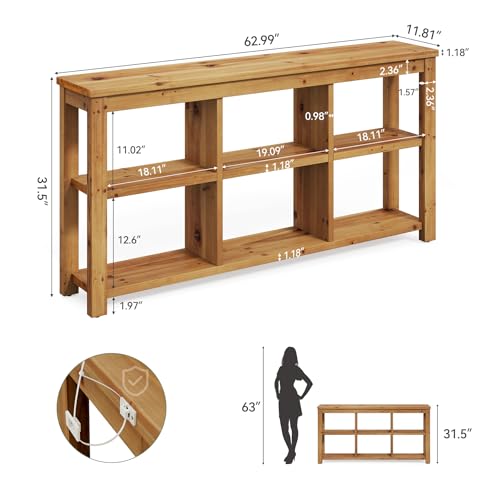 Solid Wood Horizontal Bookcase with Adjustable Shelves, 6 Cubes Storage Organizer Long Bookshelf, Farmhouse Low Cubby Bookcase for Living Room, Home Office, 63 Inches
