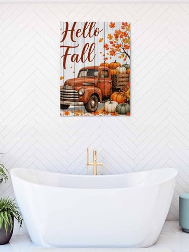NuYeBiofx Hello Fall Words Brown Truck Canvas Wall Art Prints,48"x32" Framed Picture Artwork Maple Leaves Sunflowers Printed Canvas Oil Painting for Living Room Bedroom Office,Ready to Hang