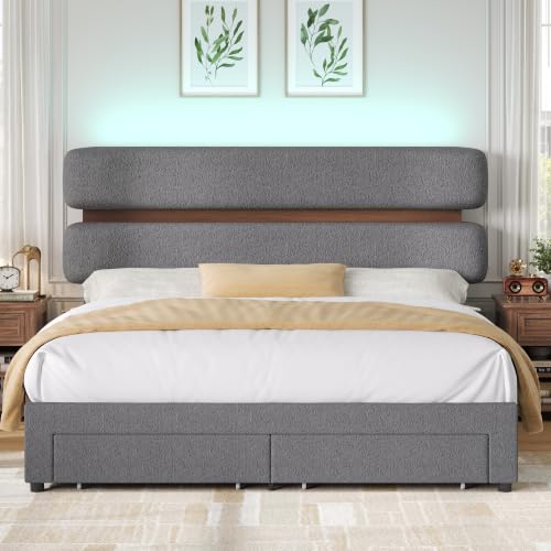 Queen Upholstered LED Bed Frame with Wood Trim Headboard & Storage, Grey, view 8