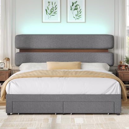 Queen Upholstered LED Bed Frame with Wood Trim Headboard & Storage, Grey, view 8