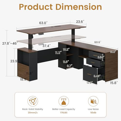 63" L Shaped Executive Standing Desk with Drawers,Brown and Black, view 3