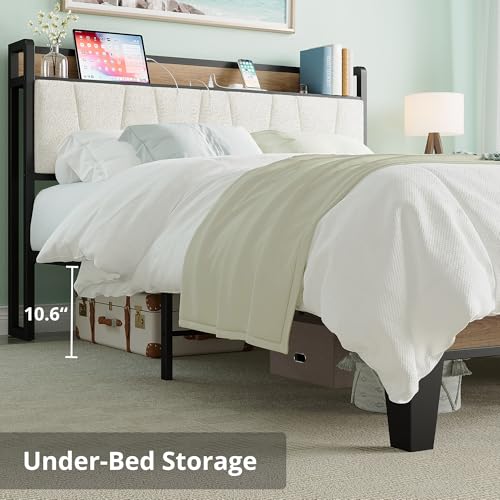 Queen Bed Frames, Storage Headboard with Charging Station, Solid and Stable, view 6