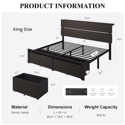 King Led Bed Frame, 2 Storage Drawers, Charging Station, Black, view 3