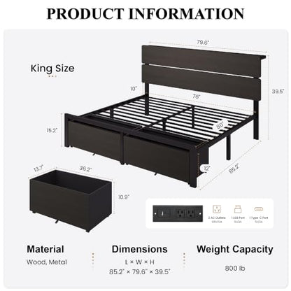 King Led Bed Frame, 2 Storage Drawers, Charging Station, Black, view 3