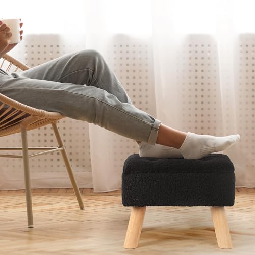 Storage Ottoman, Small Foot Stool Ottoman with Storage, Boucle Teddy Velvet Foot Rest with Padded Seat, Sturdy Wood Legs Stool for Living Room, Bedroom, Couch, Enterway (Black)