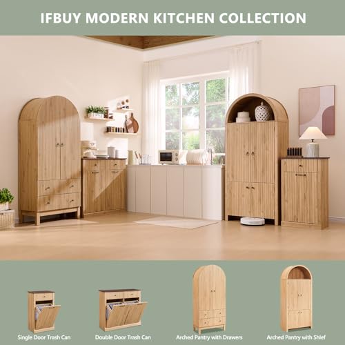 71" Tall Arched Bathroom Storage Cabinet, Modern Fluted Storage Cabinet w/Doors, 3 Adjustable Shelves, 6 Door Shelves, Wood Freestanding Cabinet for Bathroom, Entryway, Hallway, Natural