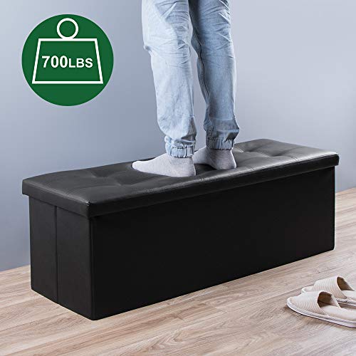 43 Inch Folding Storage Ottoman Bench 125L Hold up 700lbs Ottoman with Storage Chest Foam Seat Padded Foot Rest Stool Faux Leather Bedroom Bench with Storage Coffee Table Black