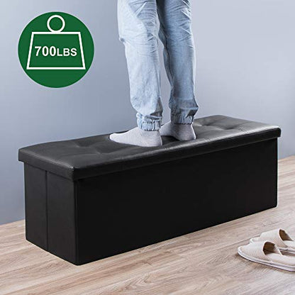 43 Inch Folding Storage Ottoman Bench 125L Hold up 700lbs Ottoman with Storage Chest Foam Seat Padded Foot Rest Stool Faux Leather Bedroom Bench with Storage Coffee Table Black