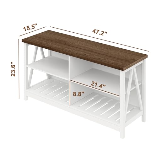 Farmhouse TV Stand for TVs up to 55 Inch, Modern Entertainment Center with 4 Open Shelves & Built-in Cable Holes, Media TV Console for Living Room, Bedroom, White