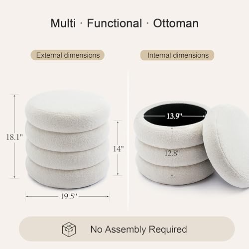 19.5" Storage Ottoman Round, Vanity Stool for Bedroom, Entryway Ottoman for Console Table, Foot Stool for Living Room, Bedroom, Sherpa Off-White