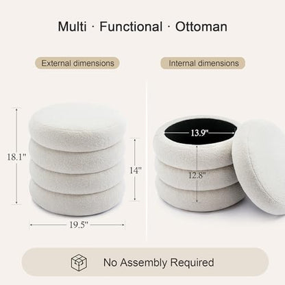 19.5" Storage Ottoman Round, Vanity Stool for Bedroom, Entryway Ottoman for Console Table, Foot Stool for Living Room, Bedroom, Sherpa Off-White