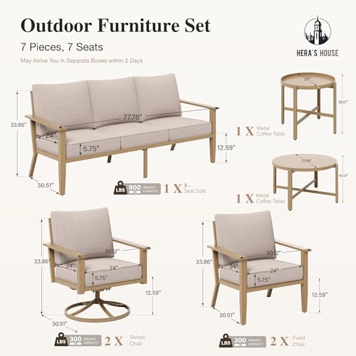 Patio Furniture Set 7-Piece, Metal Outdoor Conversation Set with Wood Grain Finish, 2 x Leg Chair, 2 x Swivel Chair, 1 x 3-Seat Sofa, 2 x Multi-Functional Coffee Table Garden Deck Lawn