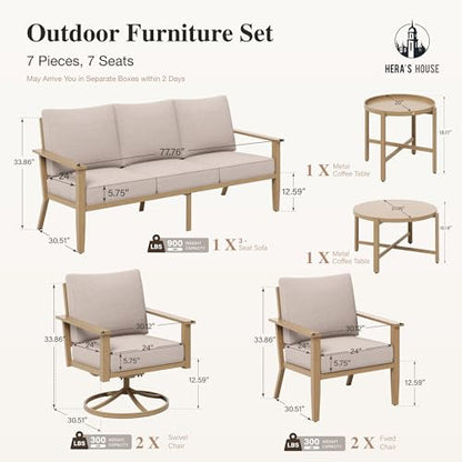 Patio Furniture Set 7-Piece, Metal Outdoor Conversation Set with Wood Grain Finish, 2 x Leg Chair, 2 x Swivel Chair, 1 x 3-Seat Sofa, 2 x Multi-Functional Coffee Table Garden Deck Lawn