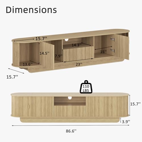 86.6'' Fluted TV Stand for 55-85 Inch, Natural Wood TV Console, view 3