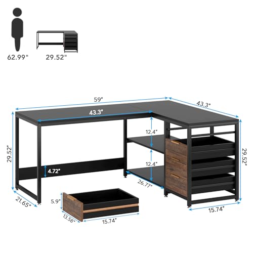 59-Inch L Shaped Desk with Drawers, Large Computer Desk with Storage Shelves, Reversible L-Shaped Corner Desk Workstation for Home Office