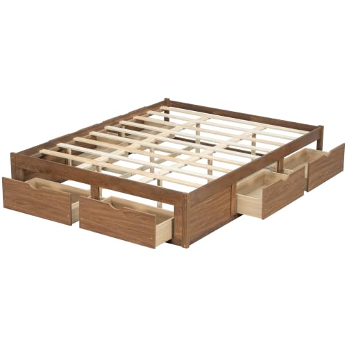 JIVOIT Queen Size Solid Wood Storage Platform Bed with 6 Drawers, Pine Wood Bed (Light Walnut-Queen,7)