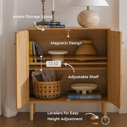 Rattan Storage Cabinets with Shelves, Narrow Cabinet with Storage, Sideboard Cabinet with Doors, Rattan Cabinets for Kitchen Dining Room Living Room, Natural Oak