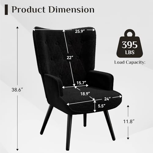 Accent Chair, Comfy Upholstered Teddy Fabric Armchair with Metal Legs, High Backrest Living Room Chair, Wingback Chair Mid Century Modern for Living Room/Vanity/Bedroom (1, Black) (1)