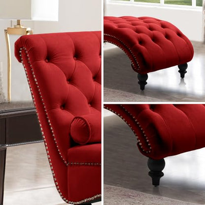 61" Velvet Tufted Chaise Lounge, Upholstered Sofa Chair with Wood Legs Red, view 5