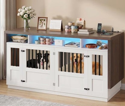 Furniture Dog Crate, 71" Double Dog Crate Furniture Brown & White, view 7