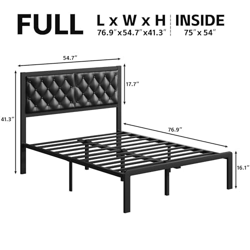 Full Bed Frame with Headboard PU Leather Upholstered Bed Frame Platform, view 3