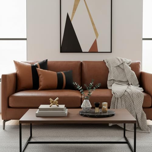Set of 2 Black and Brown Decorative Throw Pillow Covers 20x20 Inch Faux Leather and Velvet Patchwork Pillow Cover,Modern Farmhouse Accent Pillow Case for Living Room Couch Bed Boho Home Decor
