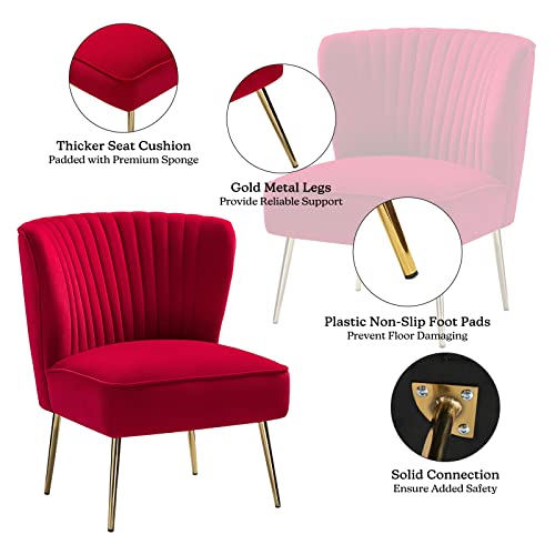 Velvet Armless Accent Chair, Upholstered Modern Small Side Chair with Golden Legs, Comfy Cute Wingback Slipper Chair for Living Room, Study, Beauty Room, Thickly Padded(RED)