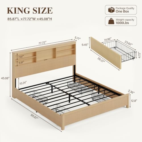 King Size Bed Frame with 4 Storage Drawers, Natural, view 4