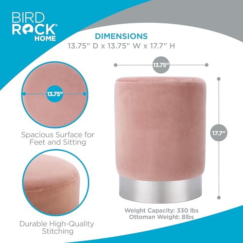 Round Ottoman Foot Stool – Modern Soft Padded Velvet Vanity Chair with Silver Metal Trim – Accent Chair or Foot Rest for Living Room, Bedroom, or Dressing Room (Dusty Rose)