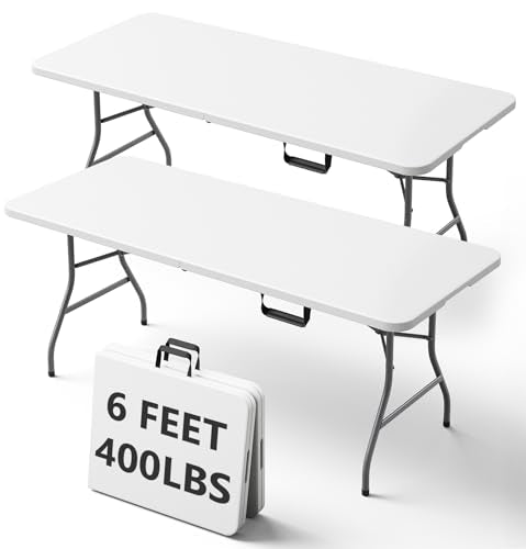 6FT Folding Table, Heavy Duty Plastic Fold-in-Half Utility Table with Handle, Portable Camping Picnic Table with Steel Legs for Indoor Outdoor Party, Dining, White,2 Pack
