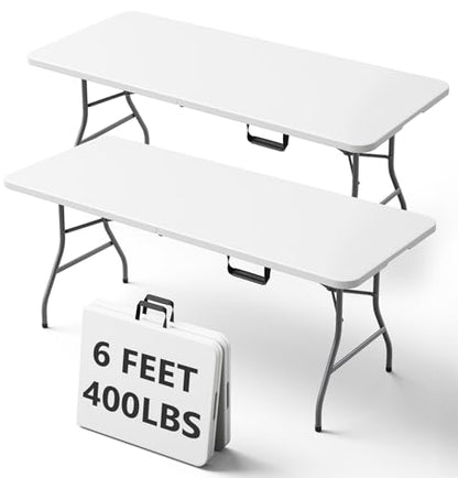 6FT Folding Table, Heavy Duty Plastic Fold-in-Half Utility Table with Handle, Portable Camping Picnic Table with Steel Legs for Indoor Outdoor Party, Dining, White,2 Pack