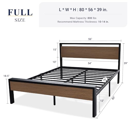 Full Size Bed Frame, Heavy Duty 12 Metal Slats Support, Walnut, view 3