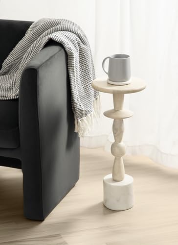 Avenal Modern Round Wood Drink Table, 9 x 9 x 22, Bleached Wood and White Marble, Boho Circle Mini Pedestal with Marble Base for Use as Martini Stand or Small Bedroom Nightstand Option