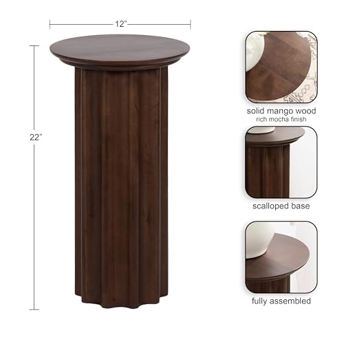 Gierson Modern Wooden Round Side Table; 12 x 12 x 22; Dark Brown; Transitional Scalloped Wood End Table for Use as Bedroom Nightstand or Living Room Accent Table