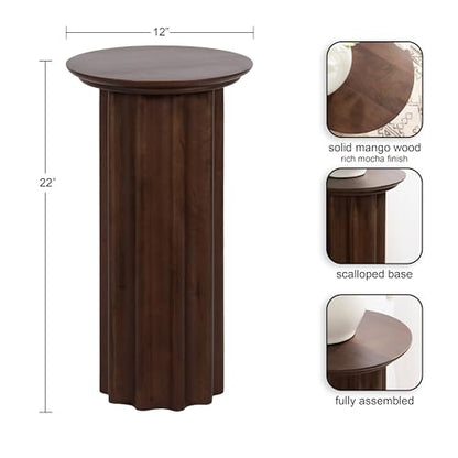 Gierson Modern Wooden Round Side Table; 12 x 12 x 22; Dark Brown; Transitional Scalloped Wood End Table for Use as Bedroom Nightstand or Living Room Accent Table