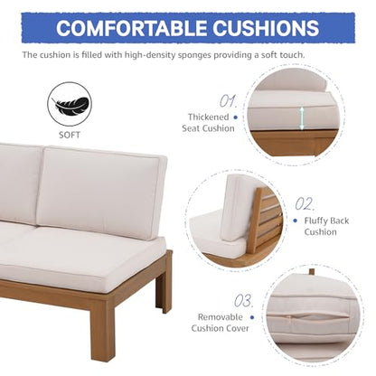 4 Piece Acacia Wood Patio Furniture Outdoor Sectional Sofa Set with Adjustable Armrest, FSC Certified L-Shaped Patio Set w/2-in-1 Coffee Table, Cream White Cushions for Garden