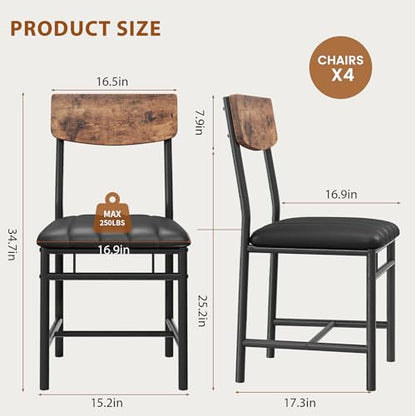 Industrial Dining Chairs Set of 4 - Upholstered Dining Room Chairs with PU Leather, Kitchen Chairs with Wooden Backrest and Thickened Metal Legs, for Dining Room, Living Room（Rustic Brown）