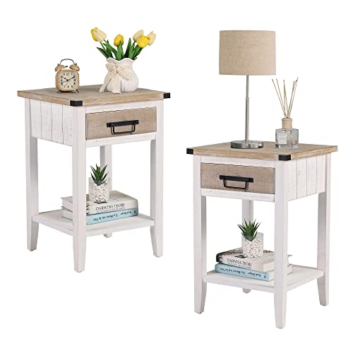 Farmhouse Bedside Table Set of 2, Rustic Nightstand with Drawers and Open Shelf, view 2