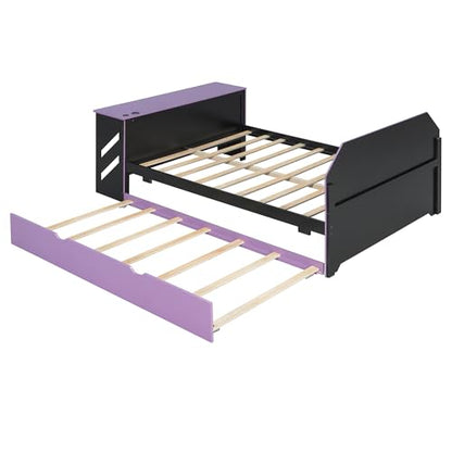 JIVOIT Full Size Daybed with Twin Size Trundle, Wood Daybed with Desk and Cable Management, Stylish Gaming-Inspired Design Sofa Bed, No Box Spring Needed