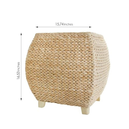Square Hand Woven Natural Braided Cattail Ottomans Pouf | Natural Handwoven, Bohemian Style Sturdy and Durable，Footstools for the Living Room and Bedroom, Stools for Outdoor Patio