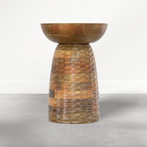 Boyd Accent Table - 13 inch Wide Solid Mango Wood Round Side Table in Honey Earthtone, Contemporary Sculptural End Table for Living Room or Bedroom with Natural Grain Finish, Assembled